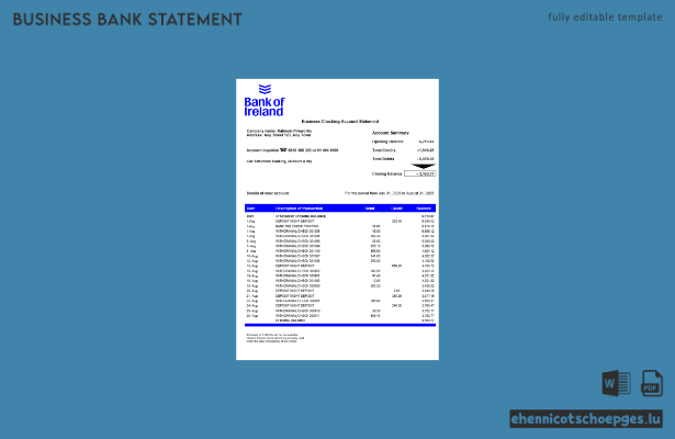 Beispiel eines Kontoauszugs der Bank of Irish (Word- und PDF-Datei)